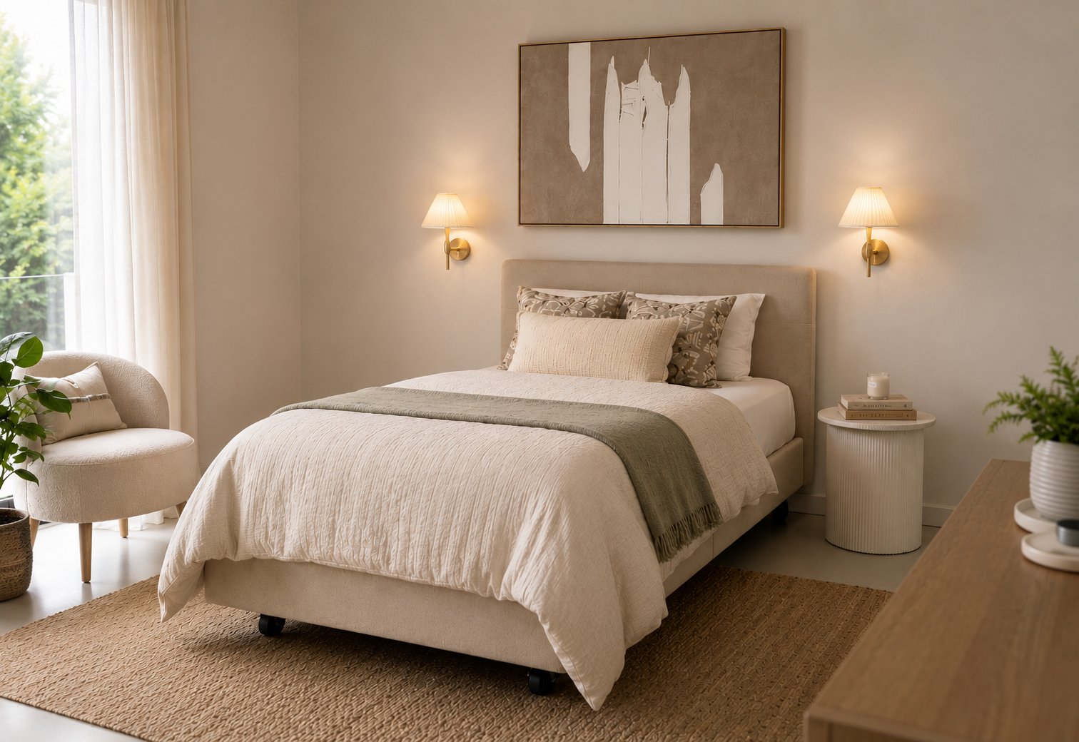 Cream adjustable bed styled like normal bedroom furniture