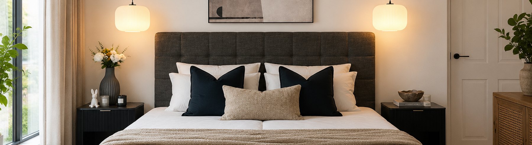 A split king adjustable bed set up as one bed in a warm home bedroom