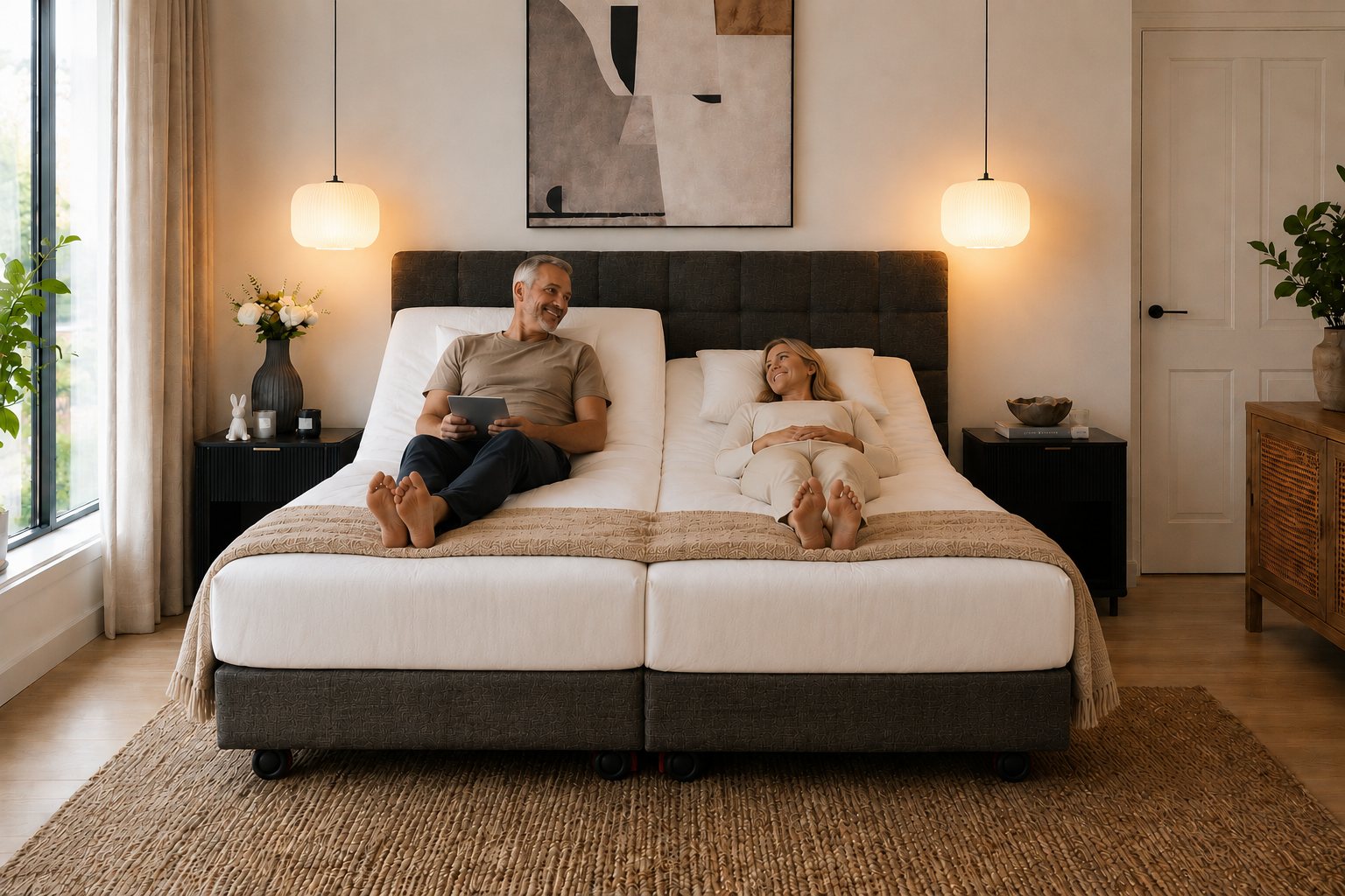 A side by side adjustable bed with the head raised on one side, showing each side adjusts independently