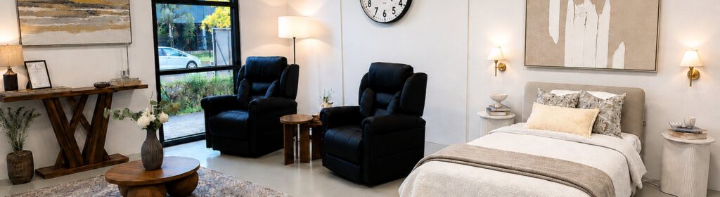 The warm Mobility Co showroom in Cheltenham, set up like a home with lift recliners and an adjustable bed