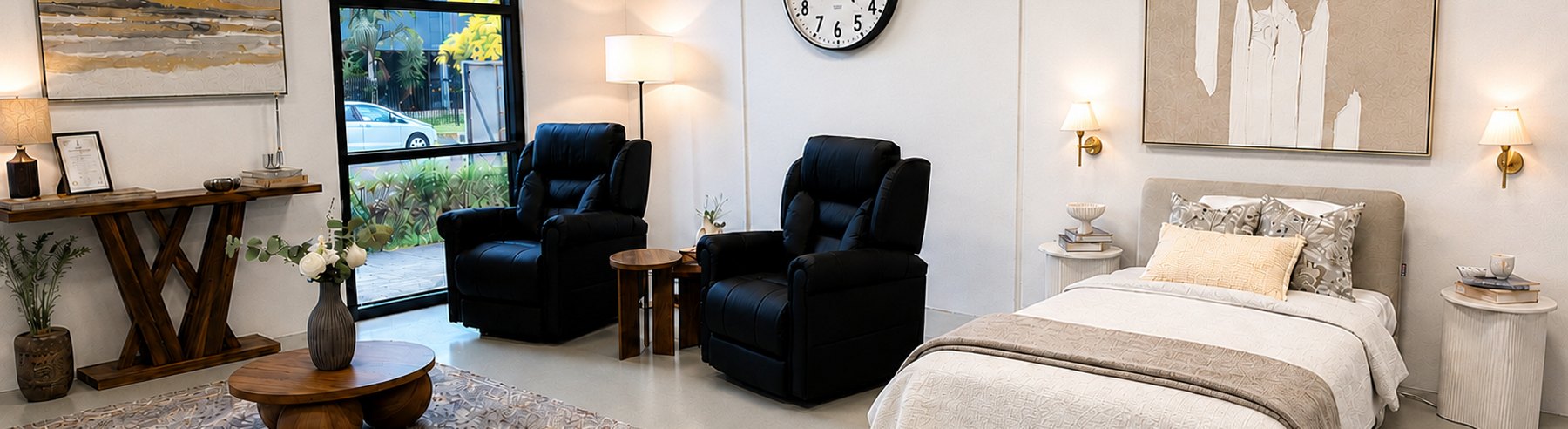 The warm Mobility Co showroom in Cheltenham, set up like a home with lift recliners and an adjustable bed