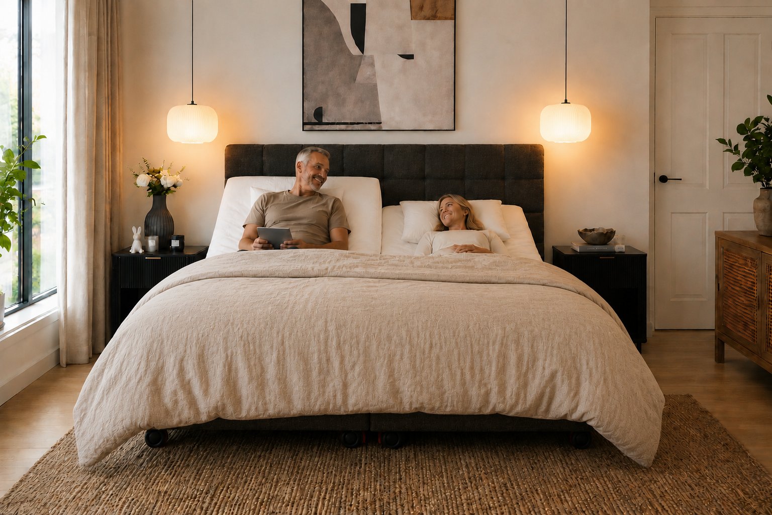 An older couple relaxing in side by side adjustable home care beds, each adjusted their own way