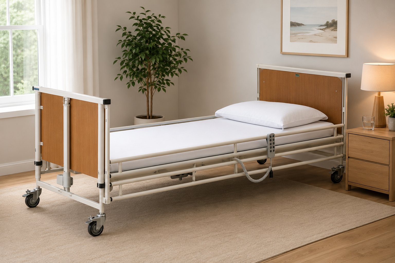 Traditional hospital bed with side rails, metal frame and castors in a bedroom